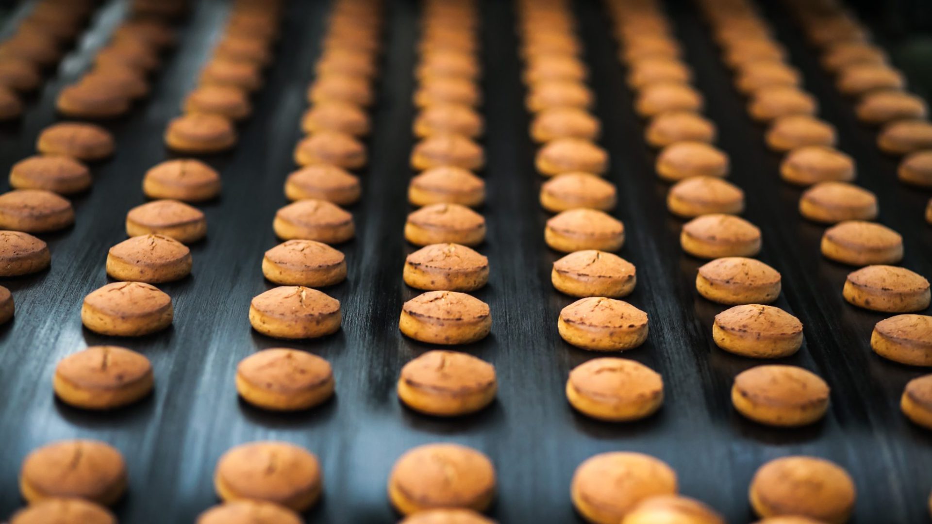 Rows of cookies on a black surface, illustrating the concept of leveraging Industry 4.0 and smart manufacturing in the food & beverage industry for digital transformation.