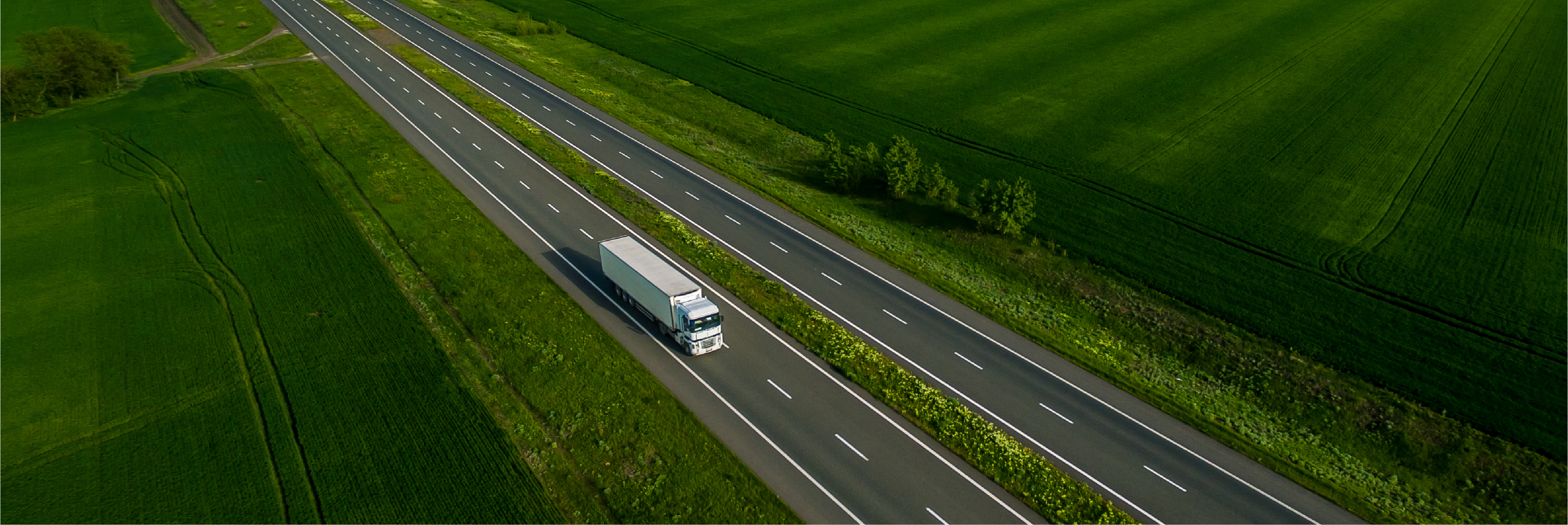A truck traveling on a road through green fields, representing inflation and the role of digital technologies.
