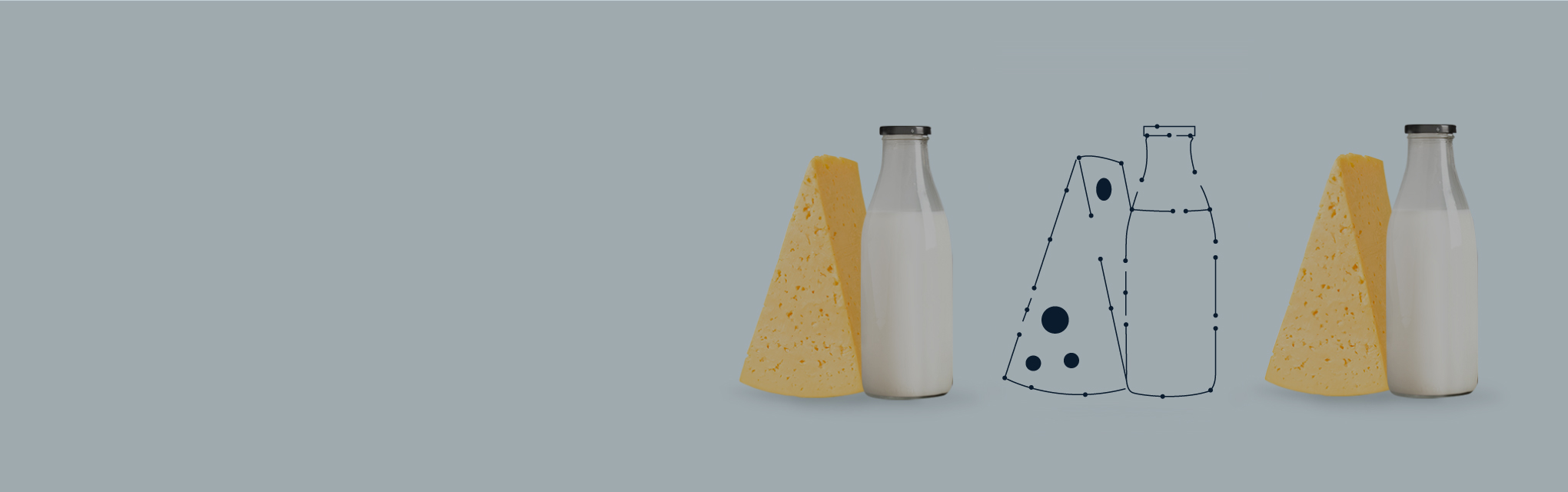 A bottle of milk and a piece of cheese on a blue background