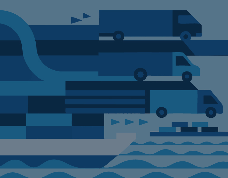 Illustration of various blue-toned trucks and a cargo ship representing logistics and distribution.