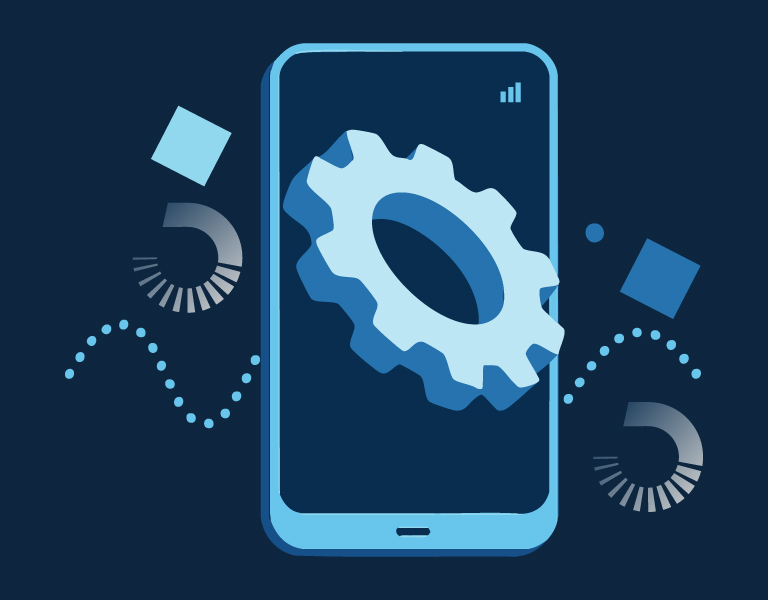 Mobile device with gear icon representing automated API testing