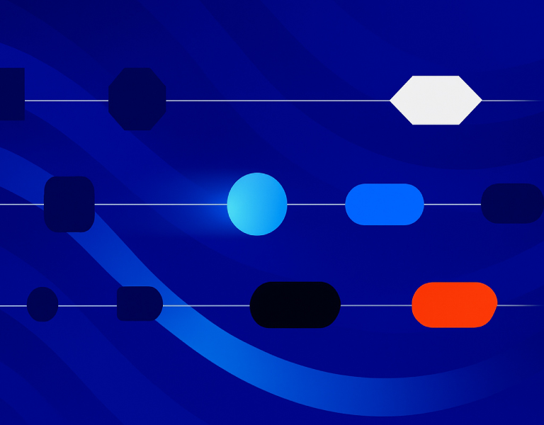 Abstract flowchart with various geometric shapes on horizontal lines, representing automation pathways