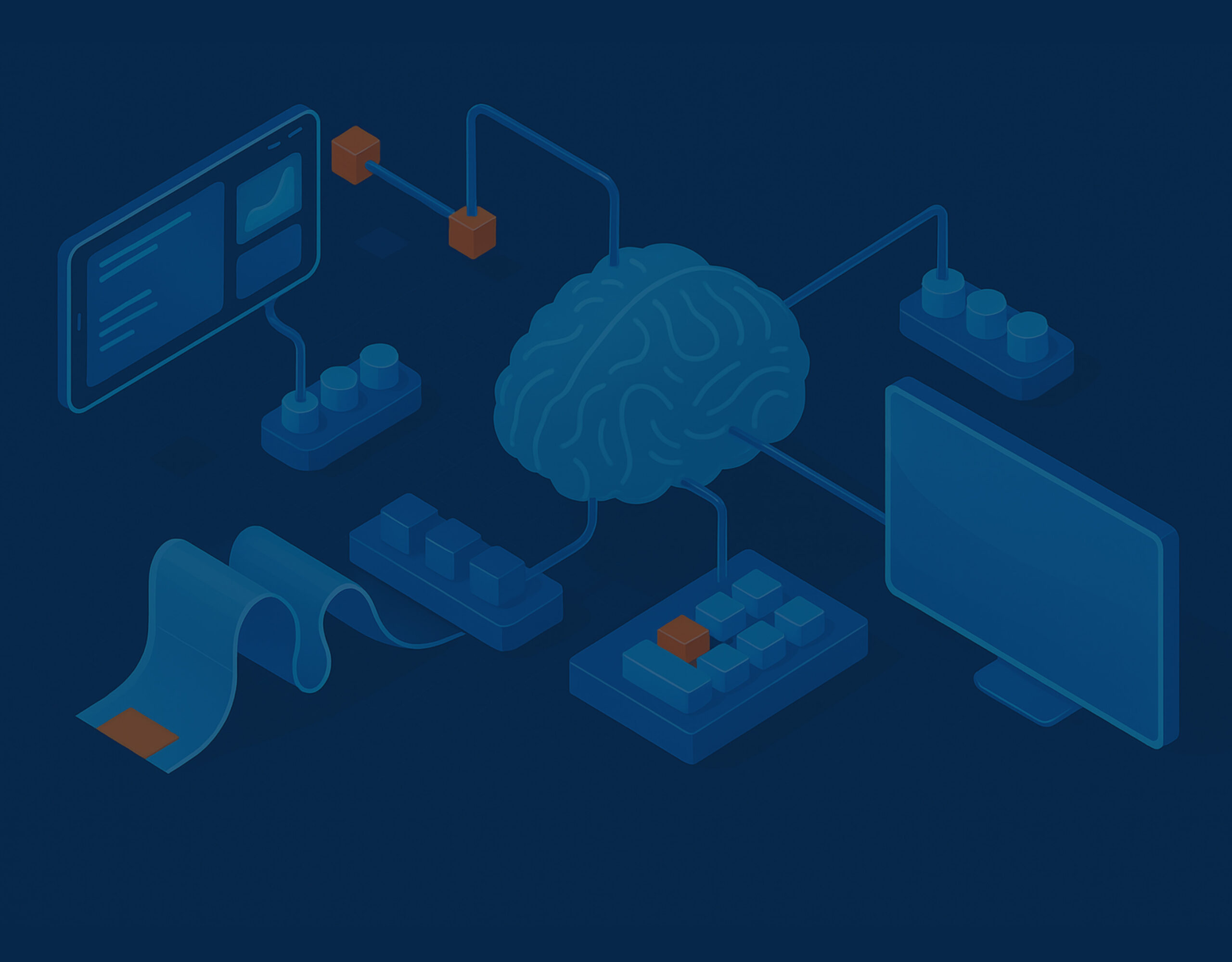Illustration of automated testing system connected to digital interfaces and data blocks.