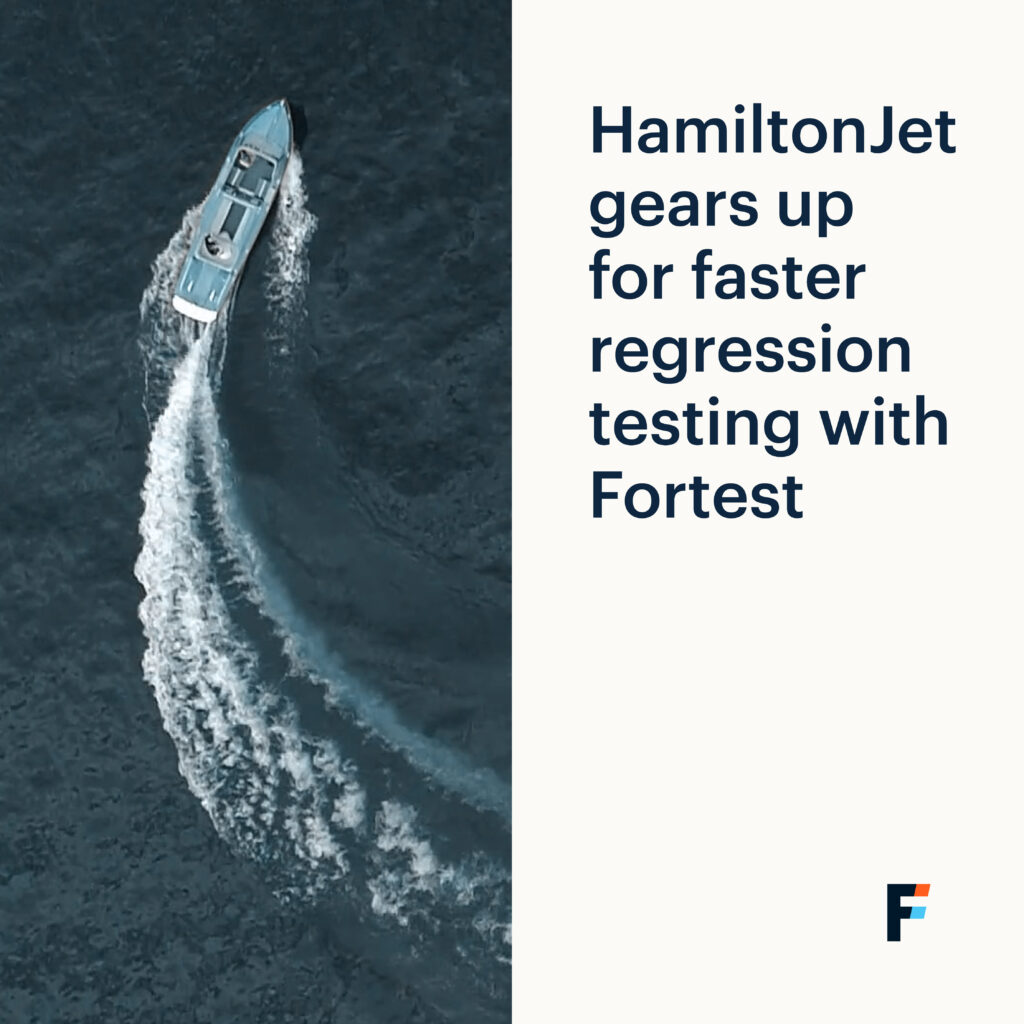 Aerial view of a speedboat cutting through dark blue water, creating a white wake. On the right, text reads: 'HamiltonJet gears up for faster regression testing with Fortest.' A small 'F' logo is at the bottom right