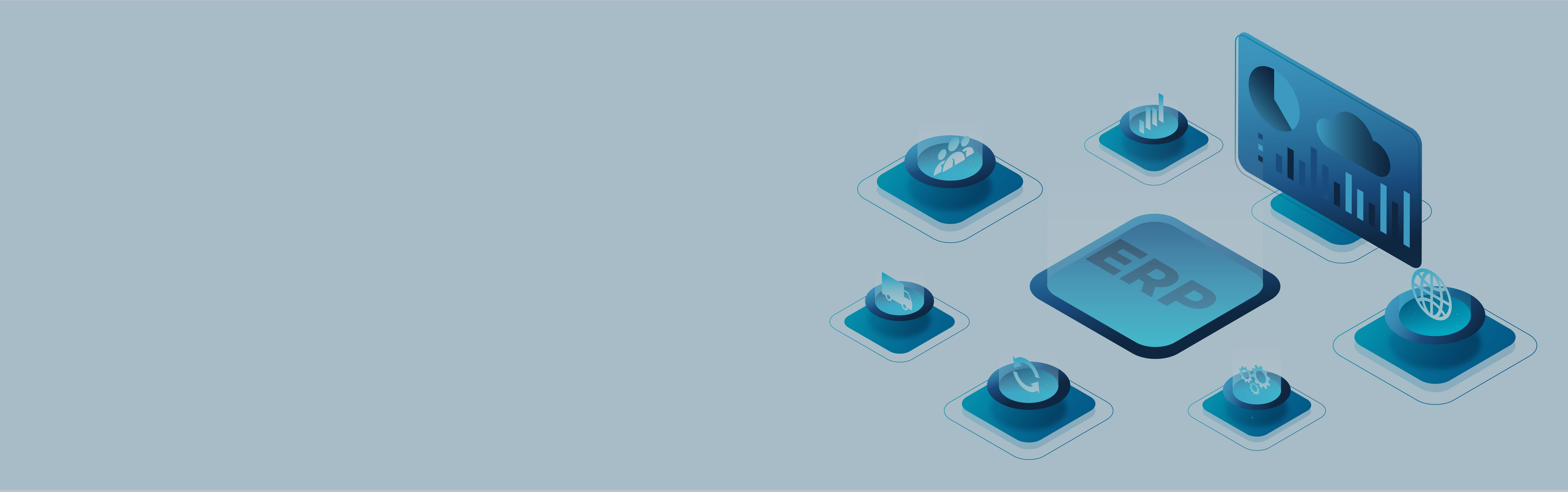 Illustration of ERP system with dashboards and modules, representing pre-configured ERP