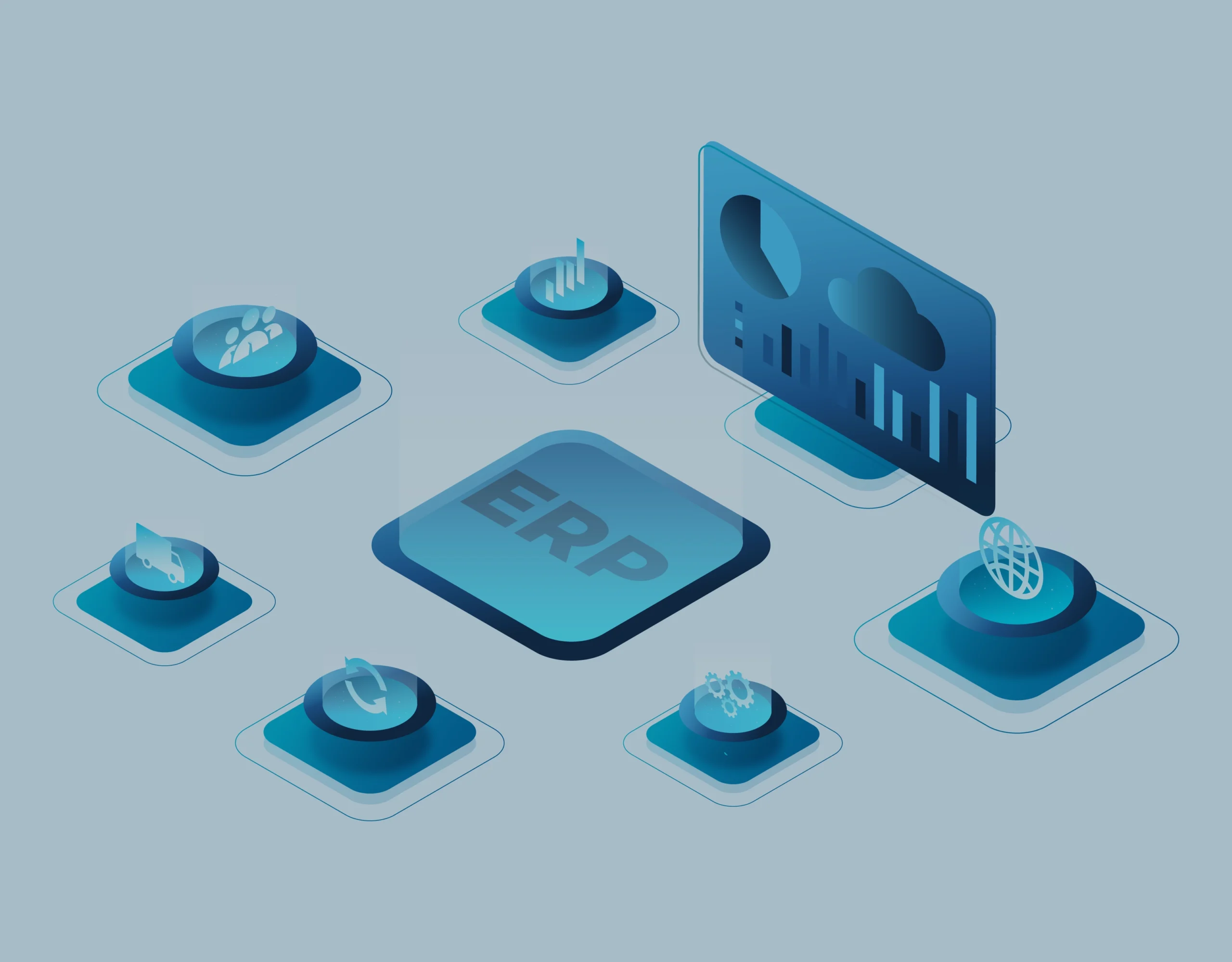 Illustration of ERP system with dashboards and modules, representing pre-configured ERP