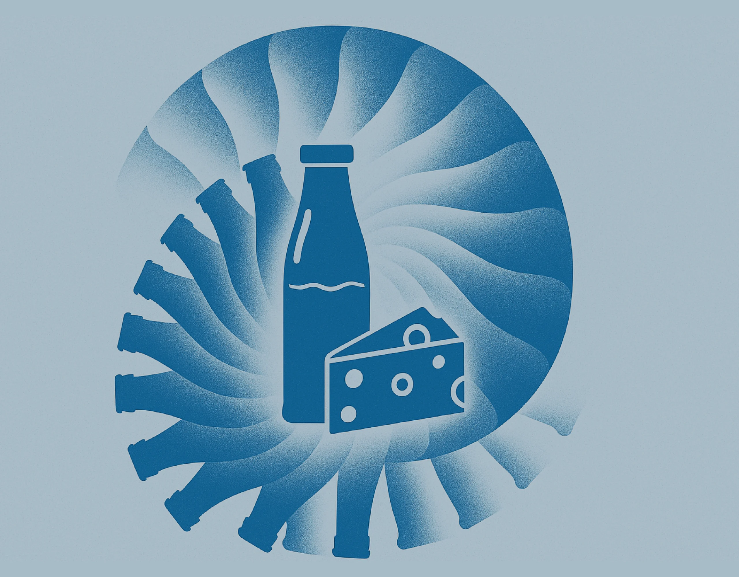 Bottle and cheese illustration symbolizing sustainable digital transformation in food and beverage.