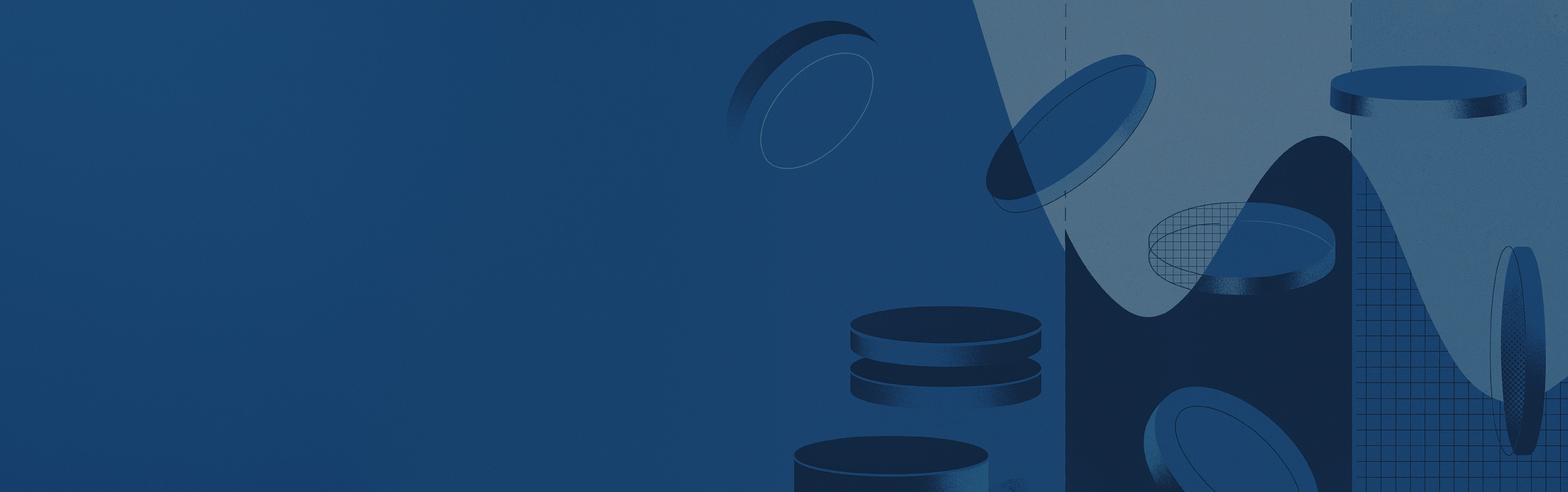 Abstract blue illustration with coins and graphs, symbolizing automated testing in Microsoft Dynamics 365 Business Central.