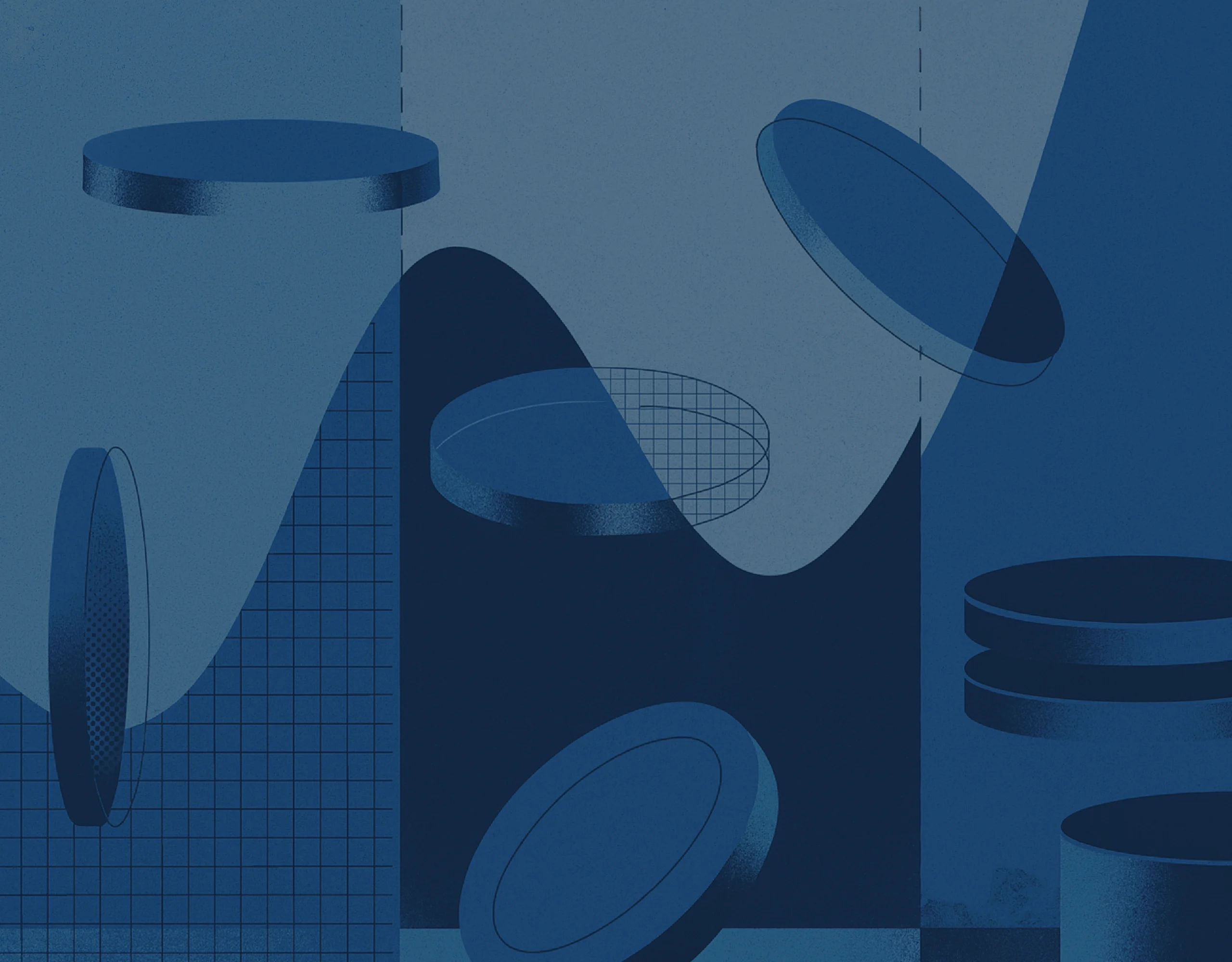 Abstract blue illustration with coins and graphs, symbolizing automated testing in Microsoft Dynamics 365 Business Central.