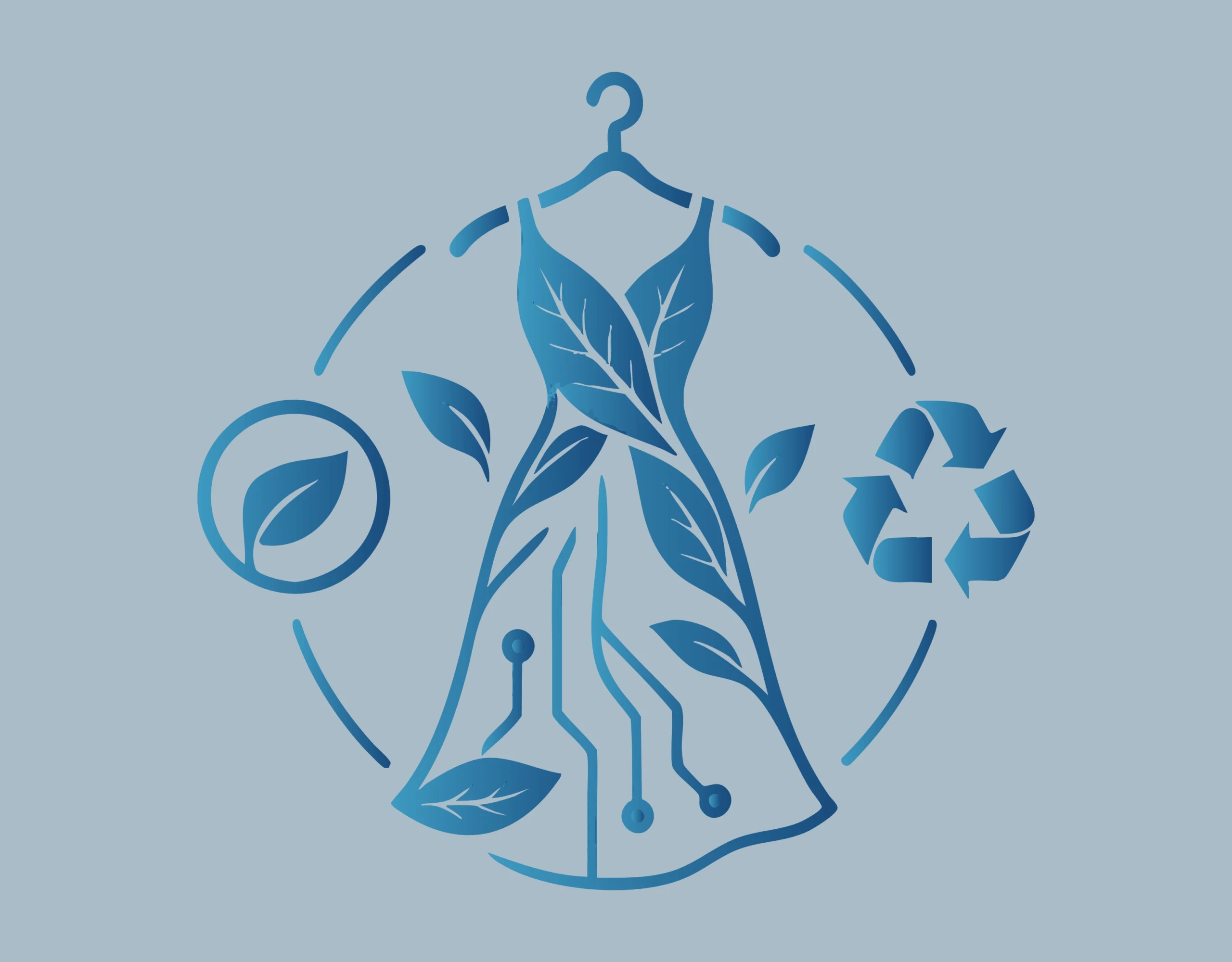 Illustration of a dress with leaves, circuits, and recycle symbols, representing Digital Product Passport for Fashion.