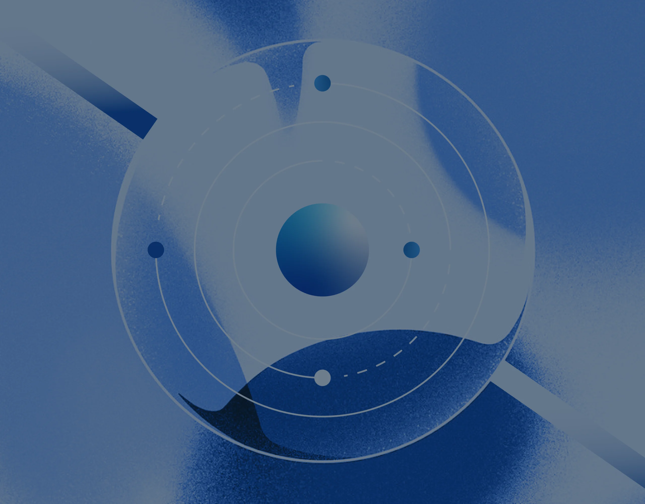 illustration of an AI core surrounded by orbiting data nodes, representing AI for regression testing